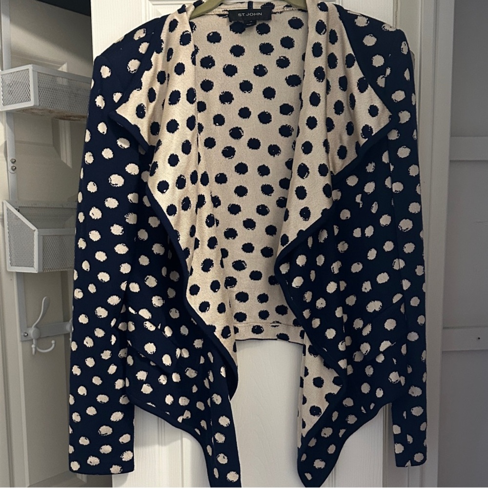 St John Navy Polka Dot Drape Knit Cardigan, Size 12